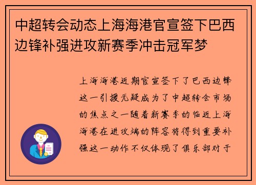 中超转会动态上海海港官宣签下巴西边锋补强进攻新赛季冲击冠军梦