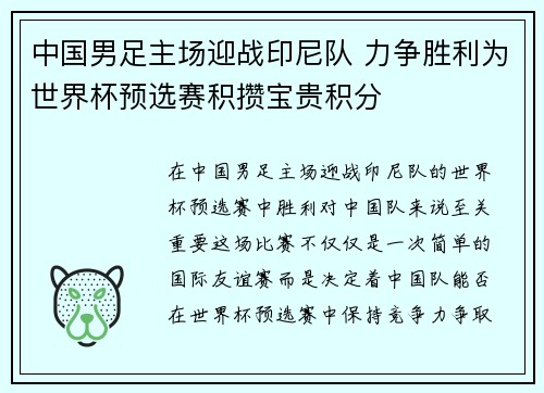 中国男足主场迎战印尼队 力争胜利为世界杯预选赛积攒宝贵积分