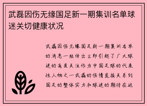 武磊因伤无缘国足新一期集训名单球迷关切健康状况