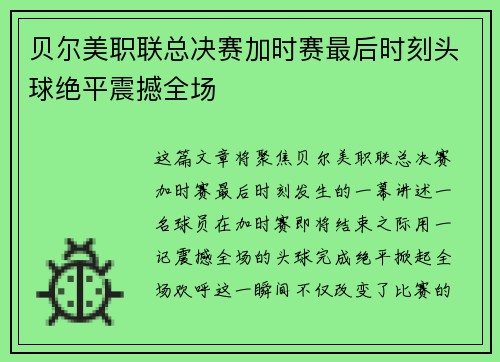 贝尔美职联总决赛加时赛最后时刻头球绝平震撼全场 贝尔美职联总决赛加时赛最后时刻头球绝平震撼全场