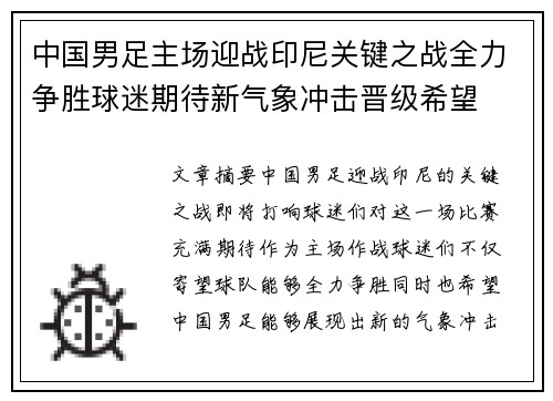 中国男足主场迎战印尼关键之战全力争胜球迷期待新气象冲击晋级希望